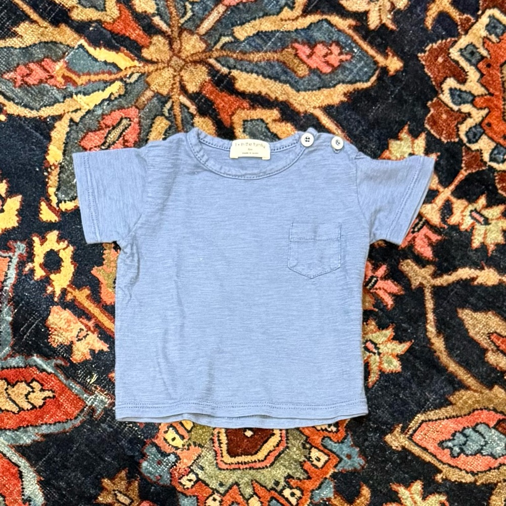 +1 in the Family Blue Baby Tee with Pocket and Button Accents